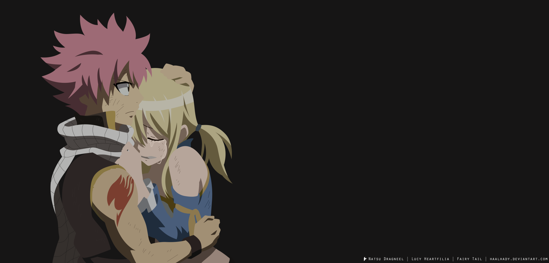 Natsu Dragneel and Lucy Heartfilia from the anime Fairy Tail embrace against a dark background in this 4K Ultra HD desktop wallpaper.
