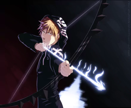 HD anime desktop wallpaper featuring Ichigo Kurosaki from Bleach, drawing a glowing bow with a determined expression against a dark background.