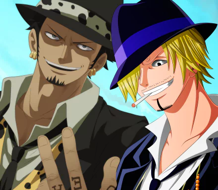 HD anime desktop wallpaper featuring Sanji and Trafalgar Law from One Piece, showcasing their distinct expressions and iconic styles.
