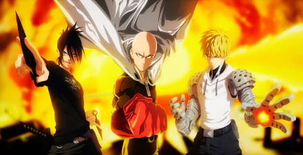 HD PC desktop wallpaper featuring Sonic, Genos, and Saitama from the anime One-Punch Man, set against a fiery, intense background.