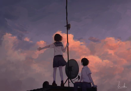Original anime 2K Quad HD PC wallpaper: two students with short brown hair in school uniforms atop a rooftop antenna at sunset, one reaching out toward glowing clouds.