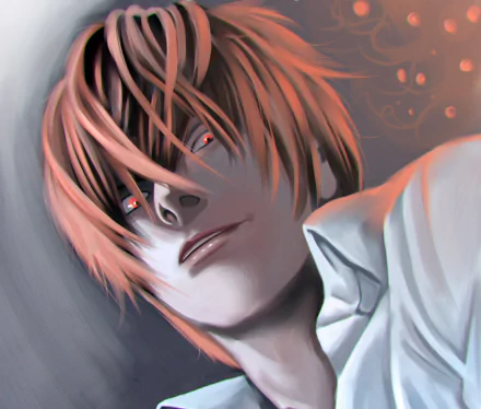 Close-up HD PC desktop wallpaper of Light Yagami from Death Note, lying back with a sly smile, reddish hair and glowing eyes, anime-style dramatic lighting.