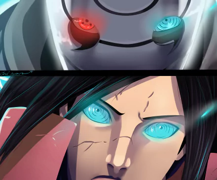 HD PC wallpaper of Madara Uchiha and Obito Uchiha from Naruto — split-frame close-ups featuring glowing Rinnegan/Sharingan eyes and dramatic blue-red lighting.