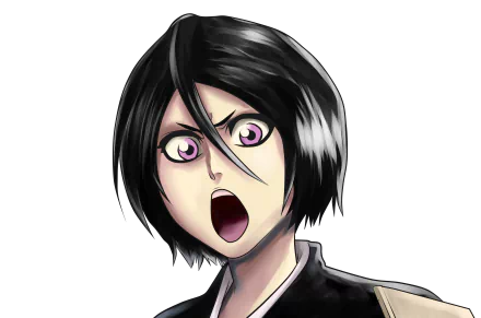 Rukia Kuchiki (Bleach) anime portrait with shocked expression and glossy black hair, high-detail 4K Ultra HD PC desktop wallpaper/background on a dark backdrop.