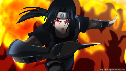 HD PC desktop wallpaper featuring Itachi Uchiha from the anime Naruto, showcasing his intense gaze and dynamic pose against a fiery background.