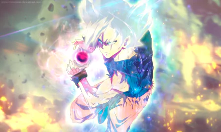 Ultra Instinct Goku (Dragon Ball Super) anime — silver-blue aura charging an energy blast amid vivid, fiery abstract light; 2K Quad HD PC desktop wallpaper.