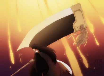 HD anime wallpaper featuring Kenpachi Zaraki from Bleach, showcasing him wielding his large sword against a fiery background.