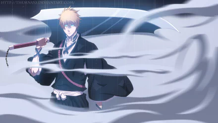 HD anime desktop wallpaper featuring Ichigo Kurosaki from Bleach, wielding his large sword amidst swirling mist and rain.
