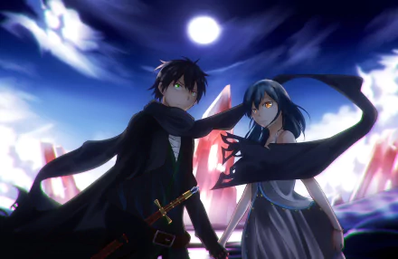 Anime-style HD desktop wallpaper featuring two original characters with black and blue hair, orange and green eyes, wearing scarves, standing under a moonlit sky with a sword.