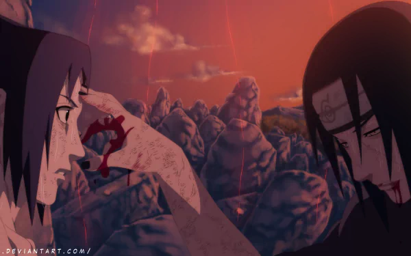 HD desktop wallpaper featuring Itachi Uchiha and Sasuke Uchiha from the anime Naruto. The brothers are depicted in an intense moment, set against a dramatic rocky landscape at sunset.