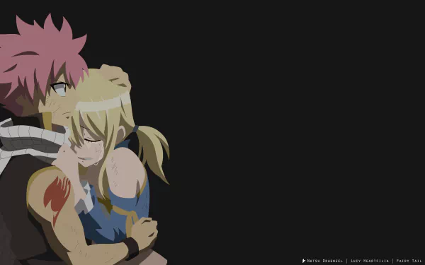 Natsu Dragneel and Lucy Heartfilia from the anime Fairy Tail embrace against a dark background in this 4K Ultra HD desktop wallpaper.