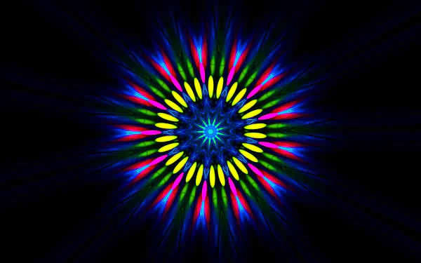 Vibrant abstract kaleidoscope design with blue tones and colorful patterns radiating from the center, creating a striking HD PC desktop wallpaper background.