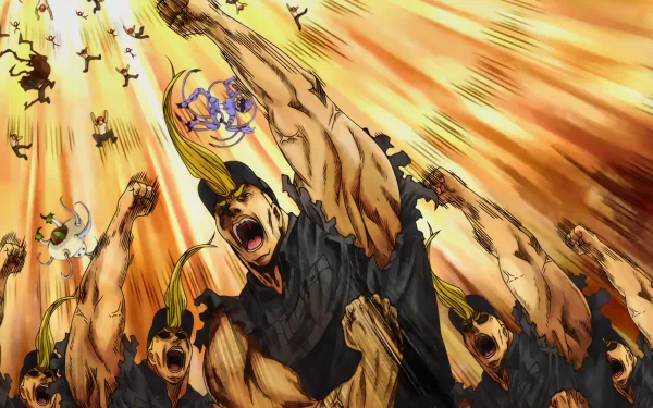 HD PC desktop wallpaper featuring dynamic anime-style workers from Cells at Work! bursting upward with intense energy and vibrant orange light rays.