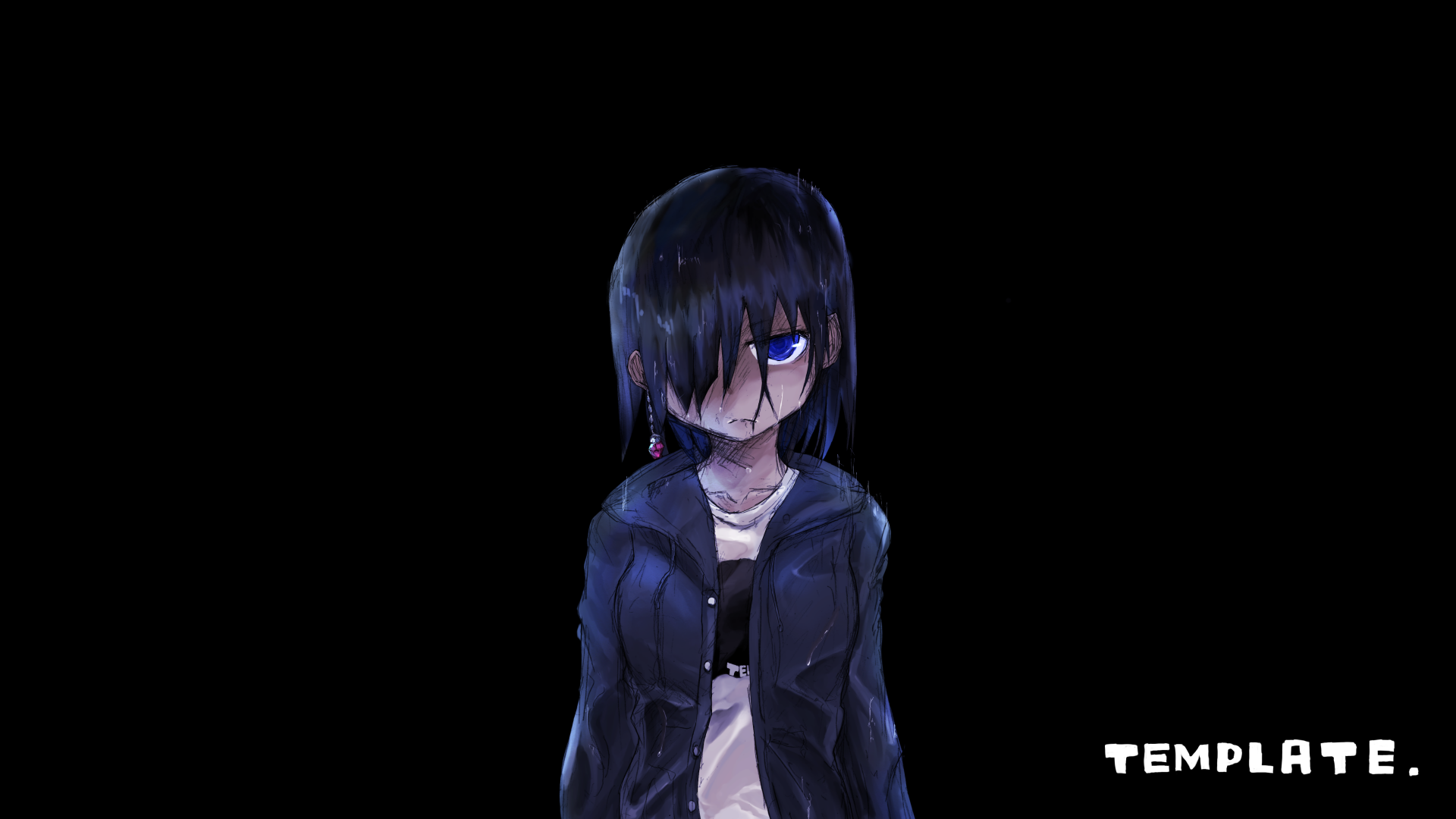 Original anime character with dark blue hair obscuring one eye, a visible blue eye, dark jacket and bandaged midriff on a black 4K Ultra HD PC desktop wallpaper background.