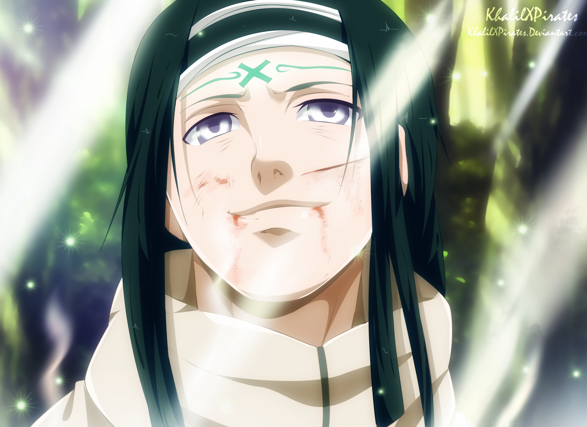 Neji Hyūga (Naruto) close-up, wounded but serene expression with pale Byakugan eyes, soft light beams and glowing particles — 2K Quad HD PC desktop wallpaper/background.