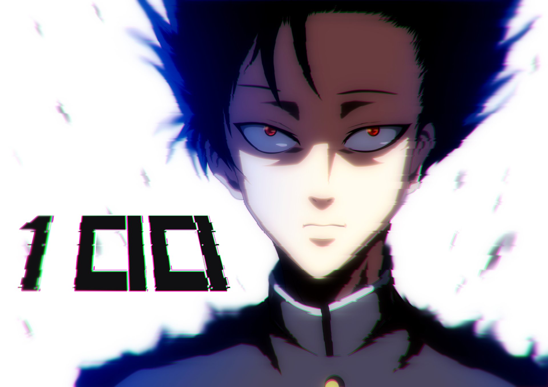 HD anime wallpaper featuring a close-up of Shigeo Kageyama from Mob Psycho 100 with intense eyes and the number 100 displayed beside him.