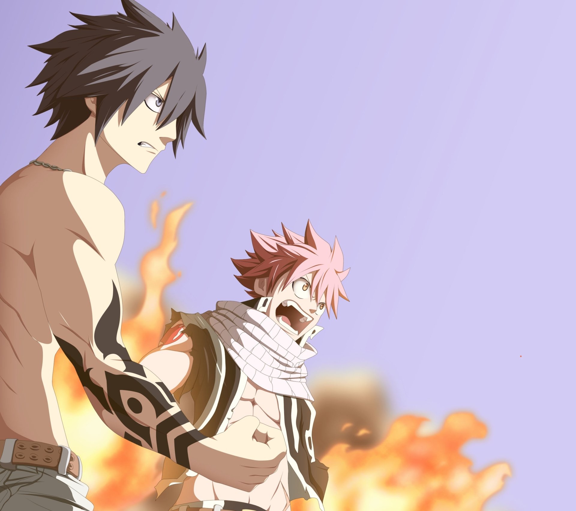 HD desktop wallpaper featuring Natsu Dragneel and Gray Fullbuster from the anime Fairy Tail, captured in an intense, fiery moment against a soft purple background.