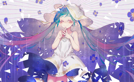 HD anime desktop wallpaper featuring Hatsune Miku from Vocaloid, depicted with flowing teal hair, a white hat and dress, surrounded by purple petals and abstract shapes.