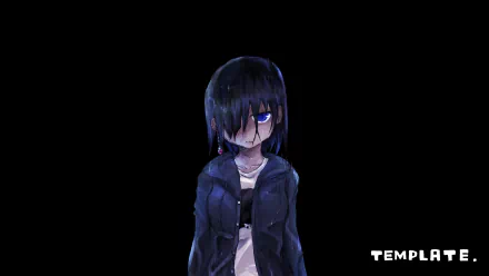 Original anime character with dark blue hair obscuring one eye, a visible blue eye, dark jacket and bandaged midriff on a black 4K Ultra HD PC desktop wallpaper background.