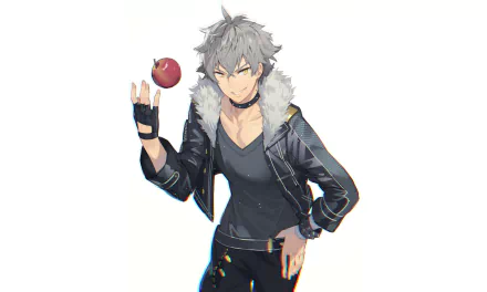Koga Oogami from Ensemble Stars! — gray-haired youth in a fur-collared leather jacket flipping an apple; video game character shown as a 2K Quad HD PC desktop wallpaper.