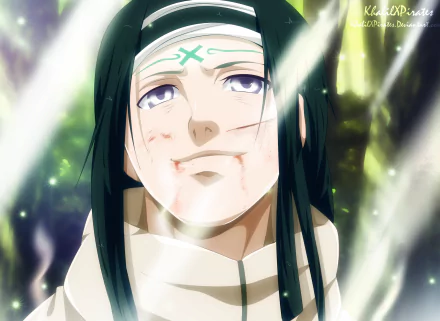 Neji Hyūga (Naruto) close-up, wounded but serene expression with pale Byakugan eyes, soft light beams and glowing particles — 2K Quad HD PC desktop wallpaper/background.