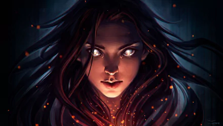 HD fantasy desktop wallpaper featuring a mysterious woman with glowing eyes and flowing dark hair, surrounded by embers in a dark, ethereal atmosphere.