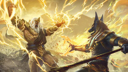 HD wallpaper depicting a fantasy battle between Zeus, wielding lightning, and Anubis, in warrior armor. The vibrant scene captures powerful gods clashing amidst a stormy background.