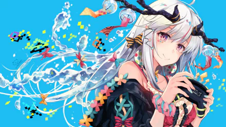 HD wallpaper featuring an anime girl with long white hair, vibrant accessories, and holding a game controller. The background is bright blue with colorful pixelated patterns and floating elements.