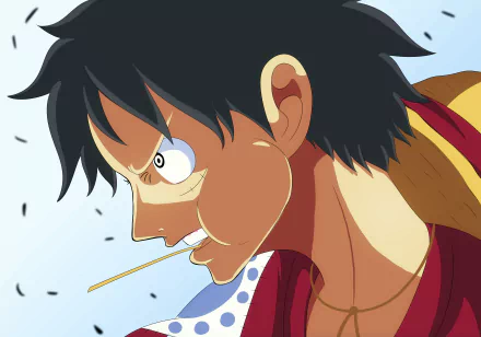 Close-up profile of Monkey D. Luffy from One Piece, straw in his mouth and intense gaze — vibrant anime 4K Ultra HD PC desktop wallpaper background.