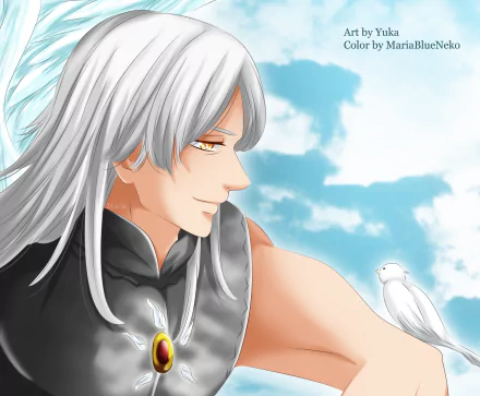 Mael from The Seven Deadly Sins anime, silver-haired with golden eyes, gazes toward the sky as a white bird perches on his arm — HD PC desktop wallpaper.