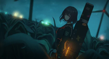 Anime character with short brown hair and red eyes, standing in a field at night with windmills in the background. The HD desktop wallpaper has an original and mysterious atmosphere.