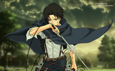 HD anime wallpaper of Levi Ackerman from Attack on Titan, wielding a sword with black hair and a flowing cape against a dark, cloudy background.