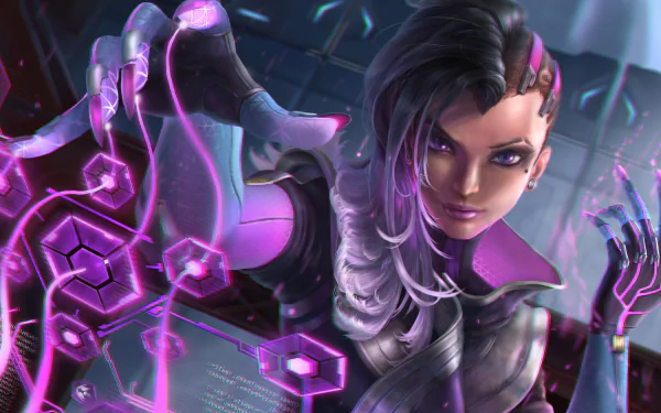 Sombra (Overwatch) cyber‑hacker portrait with purple holographic code and hand gestures — Overwatch video game 5K Ultra HD PC desktop wallpaper and background.
