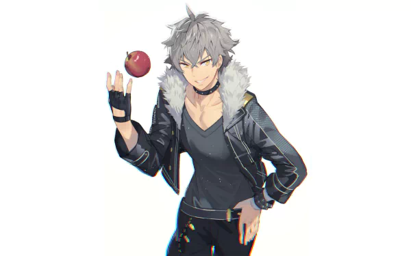Koga Oogami from Ensemble Stars! — gray-haired youth in a fur-collared leather jacket flipping an apple; video game character shown as a 2K Quad HD PC desktop wallpaper.