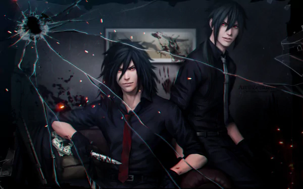 HD anime desktop wallpaper featuring Izuna Uchiha and Madara Uchiha from Naruto, set against a dark background with shattered glass effects.