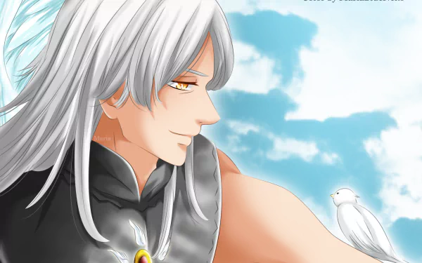 Mael from The Seven Deadly Sins anime, silver-haired with golden eyes, gazes toward the sky as a white bird perches on his arm — HD PC desktop wallpaper.