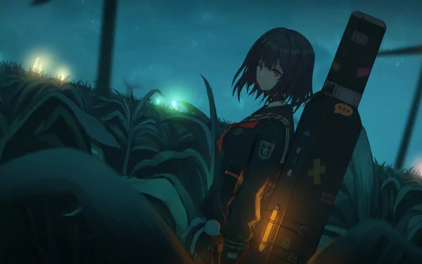 Anime character with short brown hair and red eyes, standing in a field at night with windmills in the background. The HD desktop wallpaper has an original and mysterious atmosphere.