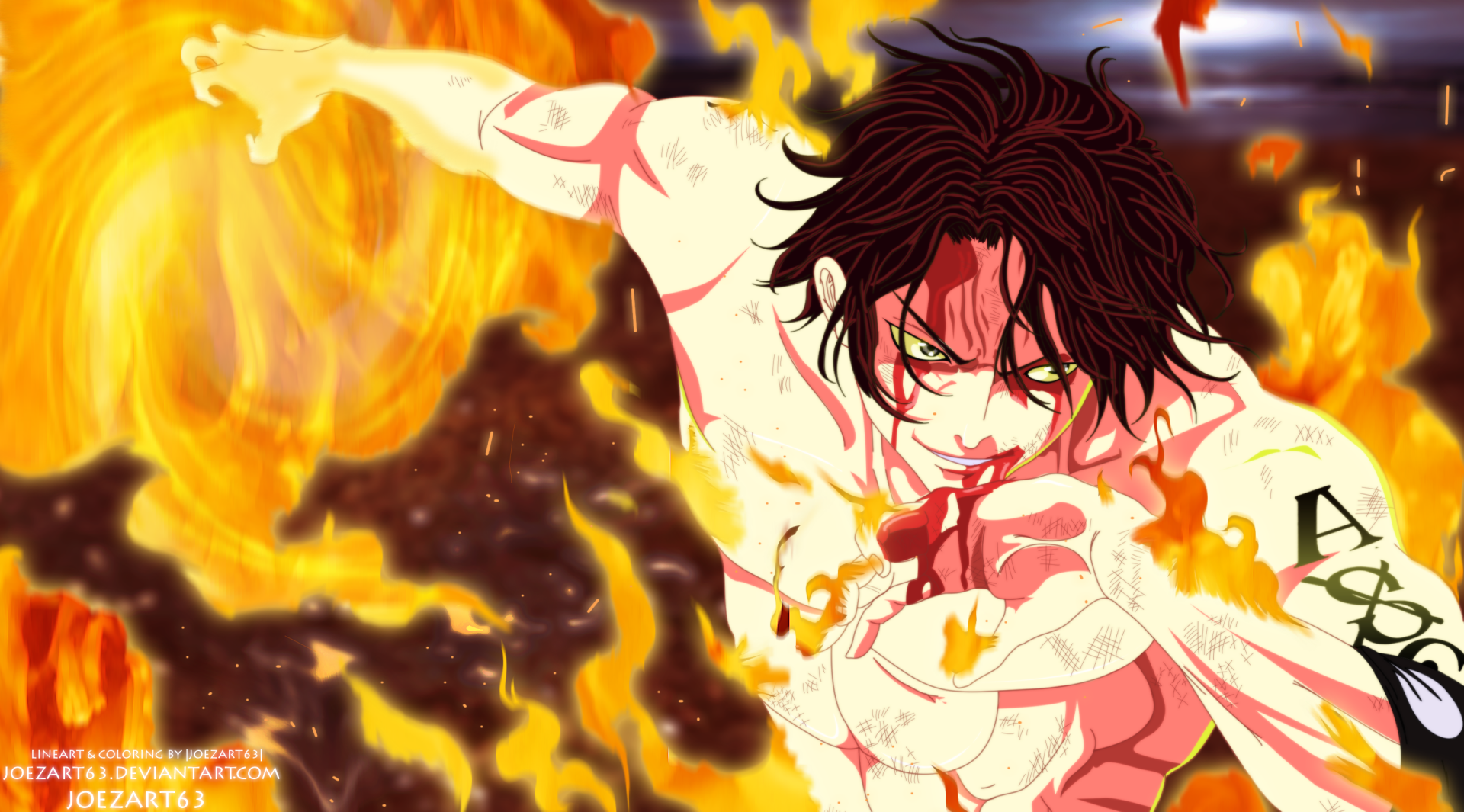 HD anime desktop wallpaper featuring Portgas D. Ace from One Piece surrounded by intense flames and dynamic action.