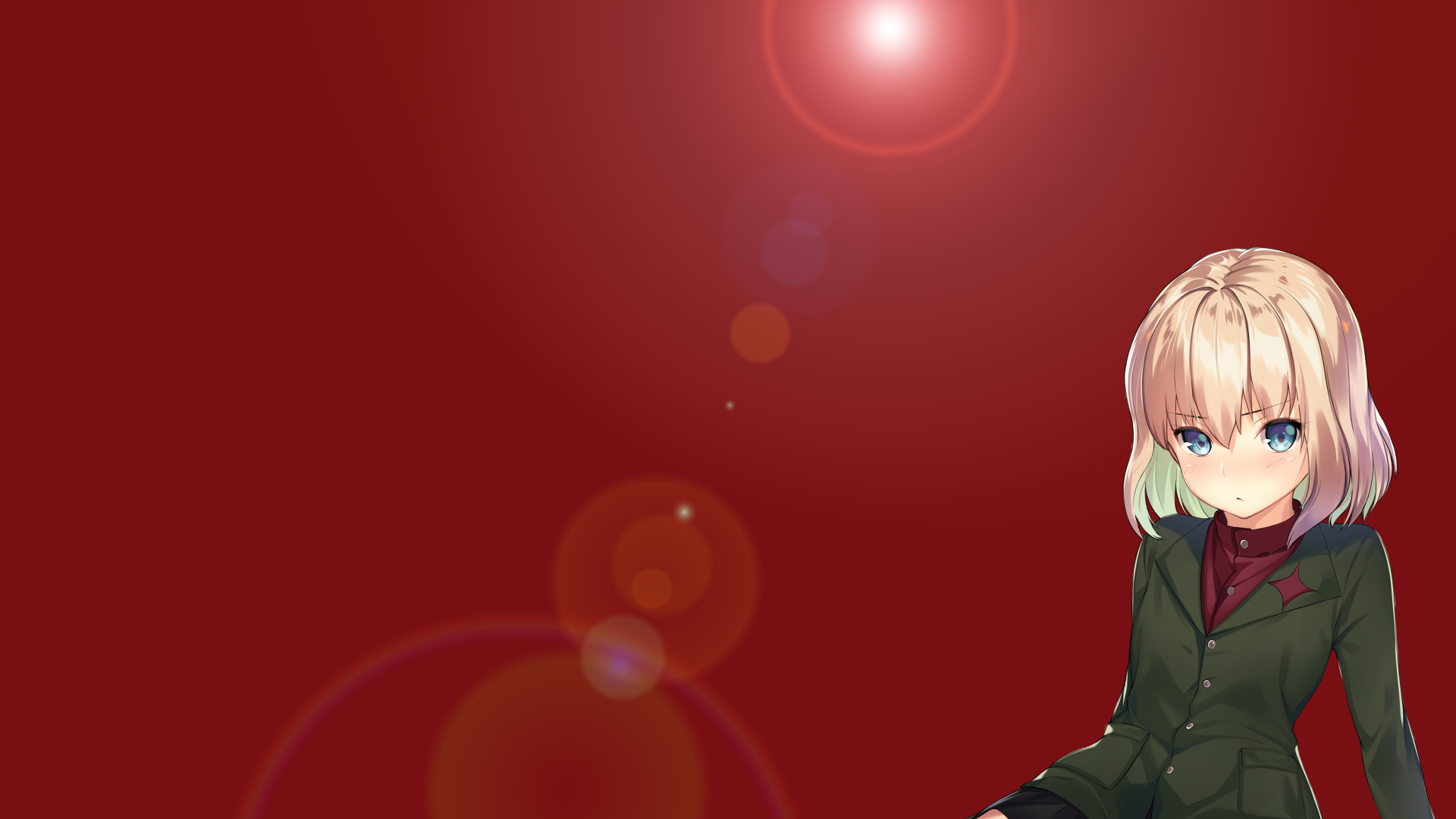 Katyusha (Girls und Panzer) anime portrait at right on a deep red background with lens flare — HD PC desktop wallpaper/background