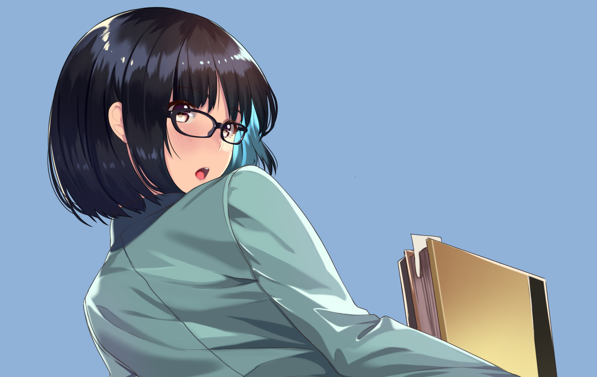 Original anime 2K Quad HD PC desktop wallpaper: bespectacled black‑haired character in a teal jacket glances over her shoulder, holding folders against a flat blue background.