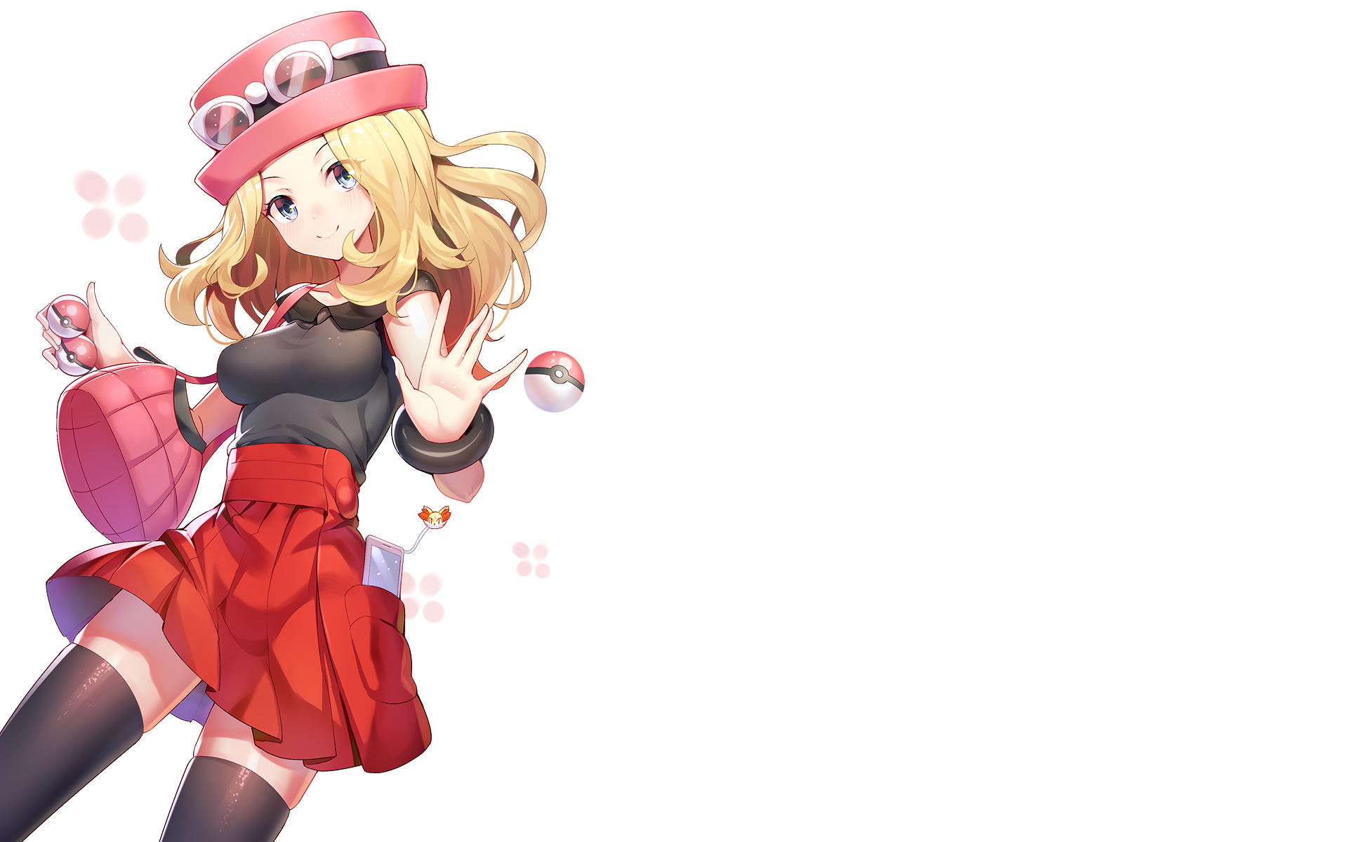 HD PC desktop wallpaper featuring Serena from Pokémon X and Y, showcasing her in a dynamic pose with Poké Balls and a bright, clean background.