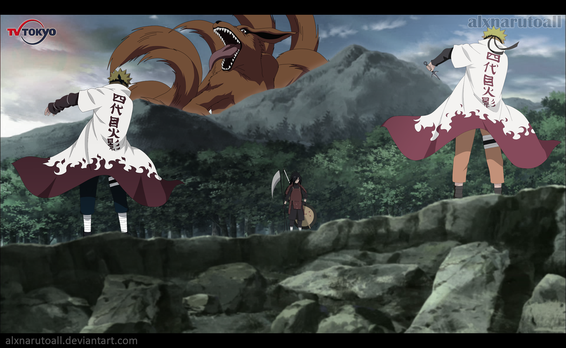 HD anime wallpaper featuring Naruto Uzumaki, Minato Namikaze, Madara Uchiha, and Kurama in a dynamic scene from Naruto with mountainous terrain in the background.