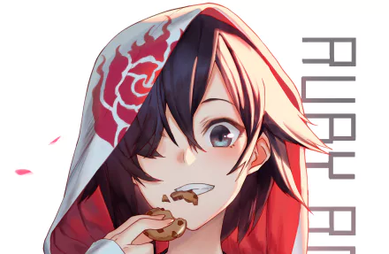 HD desktop wallpaper featuring Ruby Rose from RWBY anime, depicted munching on a cookie with a hooded red and white outfit and the text Ruby Rose in the background.