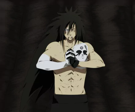 HD anime wallpaper featuring Madara Uchiha from Naruto, showing him shirtless with a white mask in hand against a dark, textured background.