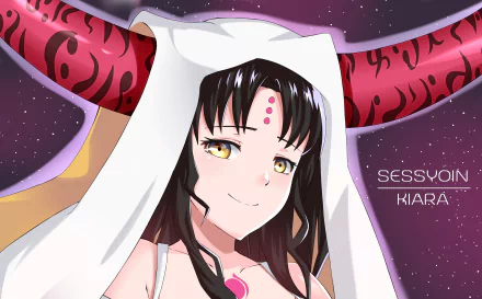HD PC desktop wallpaper of Kiara Sessyoin from Fate/Grand Order — smirking anime character with red horns, white hood, pink forehead gems and a starry purple background.