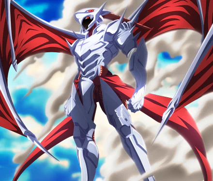 HD PC desktop wallpaper featuring Tatsumi from Akame ga Kill! in detailed anime style with striking red wings against a dynamic sky background.