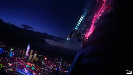 A vibrant cyberpunk cityscape with neon lights and a futuristic character scaling a building, emitting bright streaks of color. Captivating HD desktop wallpaper capturing Sci-Fi city vibes.