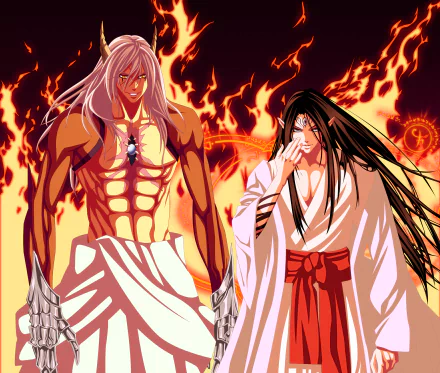 HD PC desktop wallpaper featuring anime characters Tenmei Mikogami and Touhou Fuhai from Rosario + Vampire, set against a fiery, intense background.