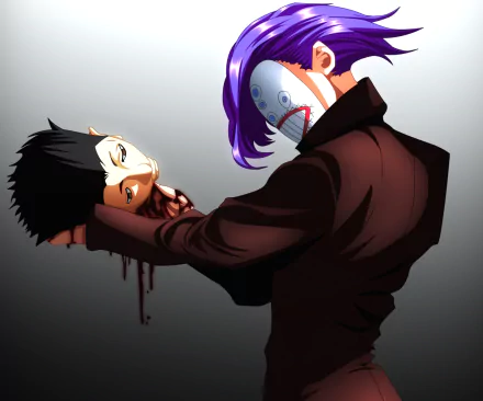 Anime HD wallpaper from Tokyo Ghoul:re featuring Karren von Rosewald with purple hair and a mask, holding a severed head with black hair and brown eyes.