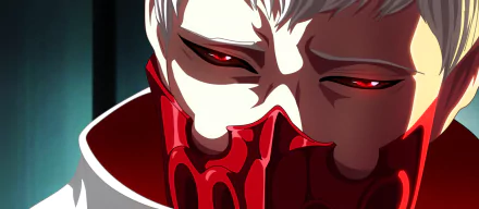 HD wallpaper featuring Tatara from the anime Tokyo Ghoul √A. The character has white hair, red eyes, and wears a mask, set against a dark background.